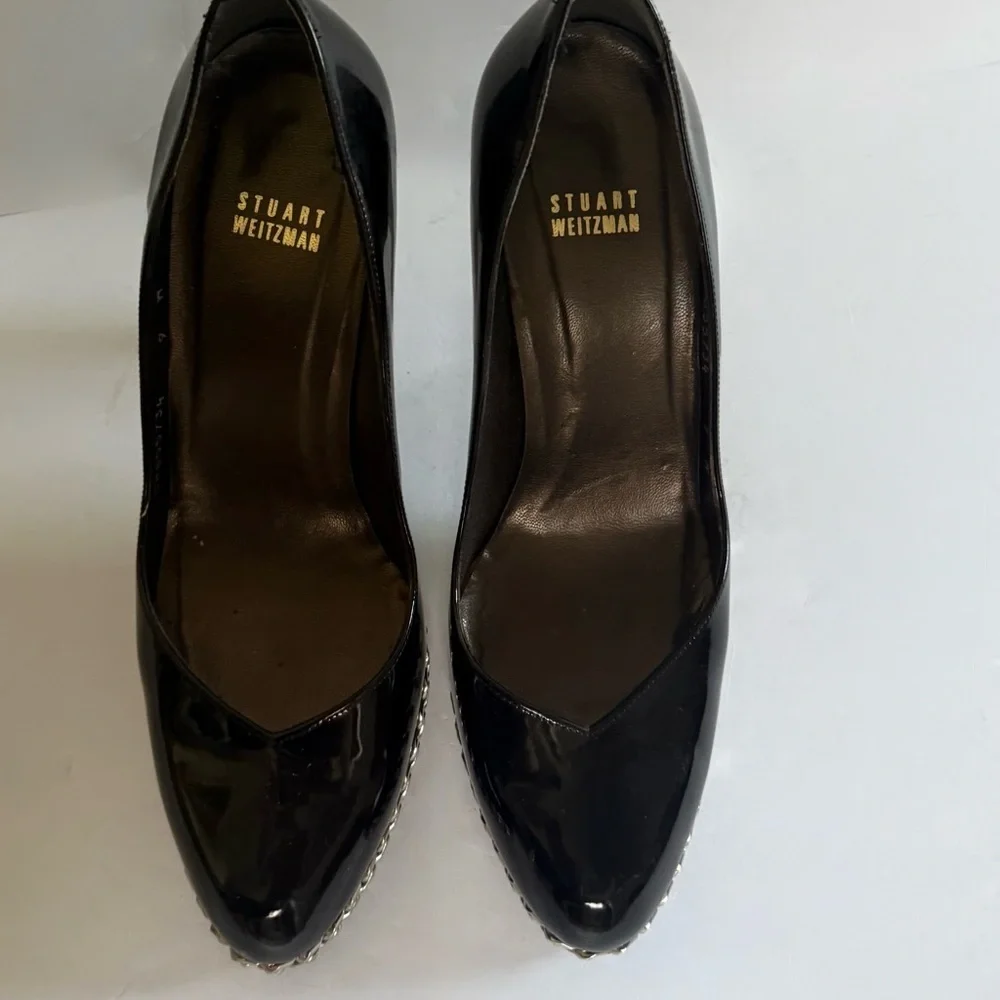 Stuart Weitzman Black Patent Leather Pumps Chain Link Platform Stiletto Heels